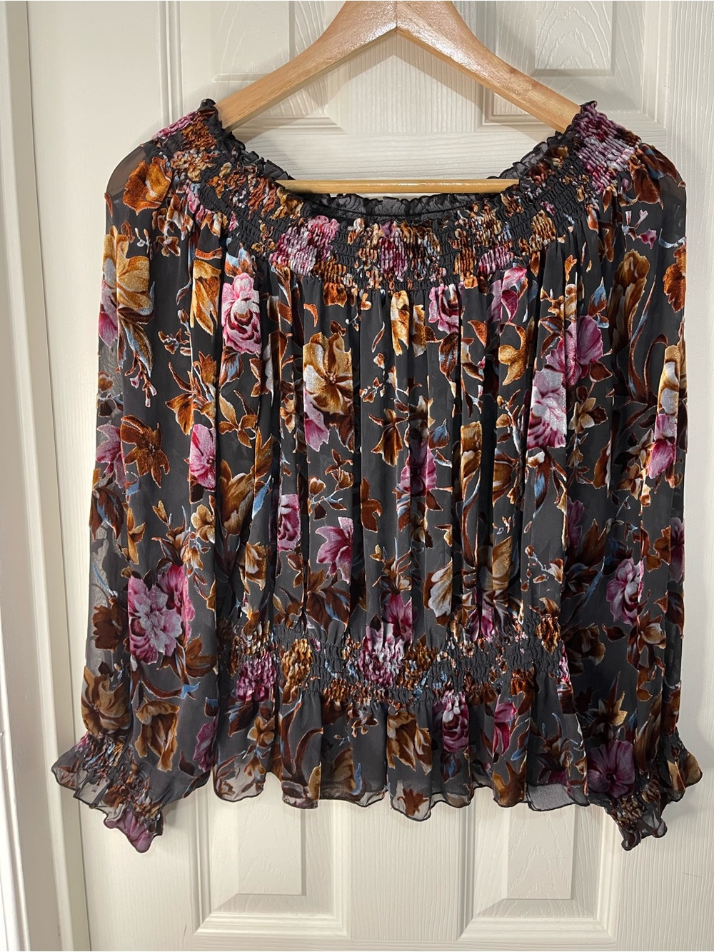 Black Sheer Burnout Velvet Whimsigoth Dark Floral Peplum Silk Rayon Blouse Med.